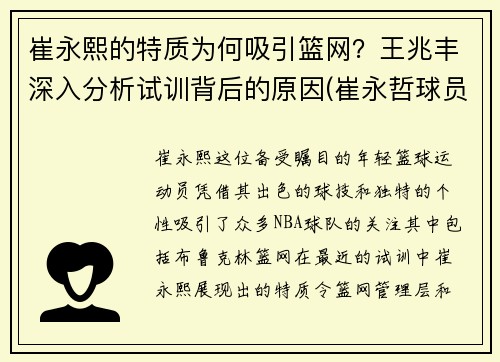 崔永熙的特质为何吸引篮网？王兆丰深入分析试训背后的原因(崔永哲球员)