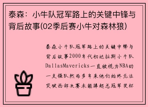 泰森：小牛队冠军路上的关键中锋与背后故事(02季后赛小牛对森林狼)