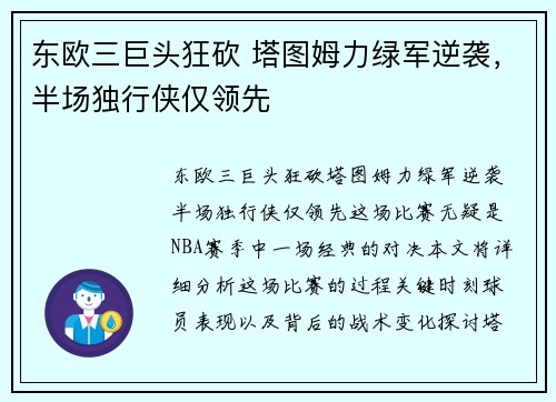东欧三巨头狂砍 塔图姆力绿军逆袭，半场独行侠仅领先
