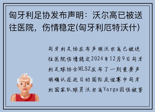 匈牙利足协发布声明：沃尔高已被送往医院，伤情稳定(匈牙利厄特沃什)