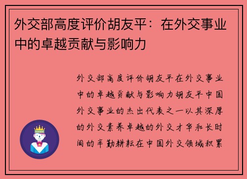 外交部高度评价胡友平：在外交事业中的卓越贡献与影响力