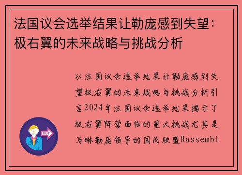 法国议会选举结果让勒庞感到失望：极右翼的未来战略与挑战分析