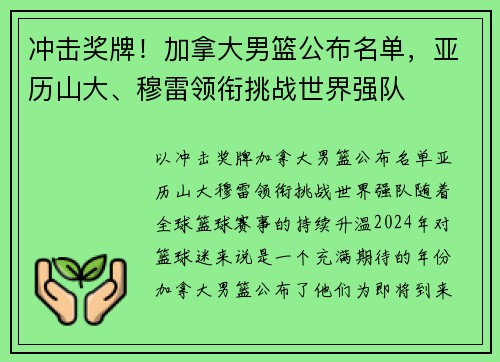 冲击奖牌！加拿大男篮公布名单，亚历山大、穆雷领衔挑战世界强队