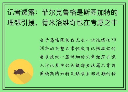 记者透露：菲尔克鲁格是斯图加特的理想引援，德米洛维奇也在考虑之中