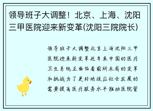 领导班子大调整！北京、上海、沈阳三甲医院迎来新变革(沈阳三院院长)