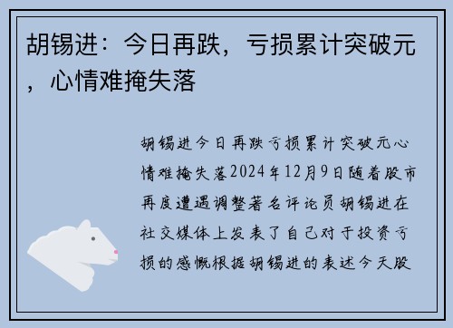 胡锡进：今日再跌，亏损累计突破元，心情难掩失落