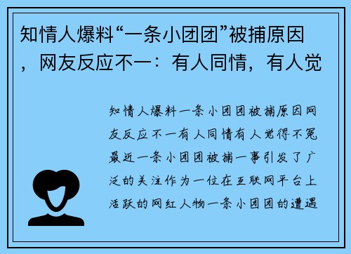 知情人爆料“一条小团团”被捕原因，网友反应不一：有人同情，有人觉得“不冤”