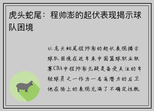 虎头蛇尾：程帅澎的起伏表现揭示球队困境