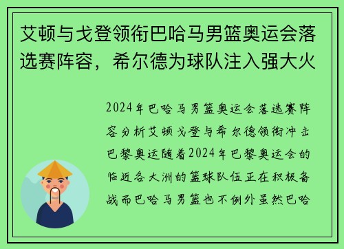 艾顿与戈登领衔巴哈马男篮奥运会落选赛阵容，希尔德为球队注入强大火力