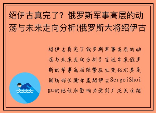 绍伊古真完了？俄罗斯军事高层的动荡与未来走向分析(俄罗斯大将绍伊古)